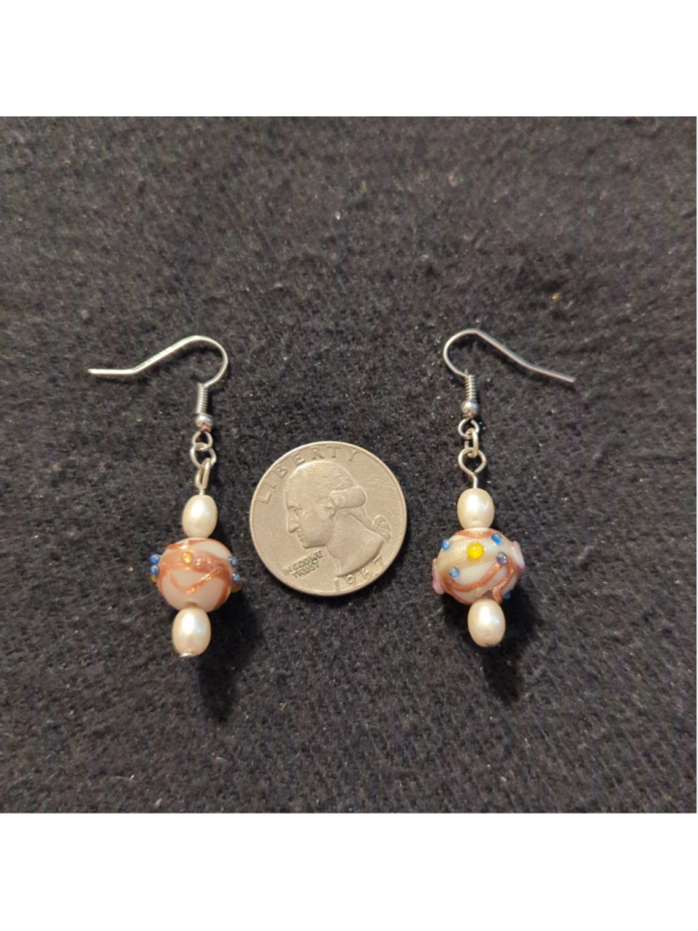 Silver Tone White Lampwork Glass Beaded Dangle Drop Statement Earrings - Picture 2 of 2